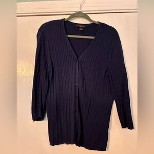 august silk Navy Cable-Knit V-Neck Button-Front Cardigan